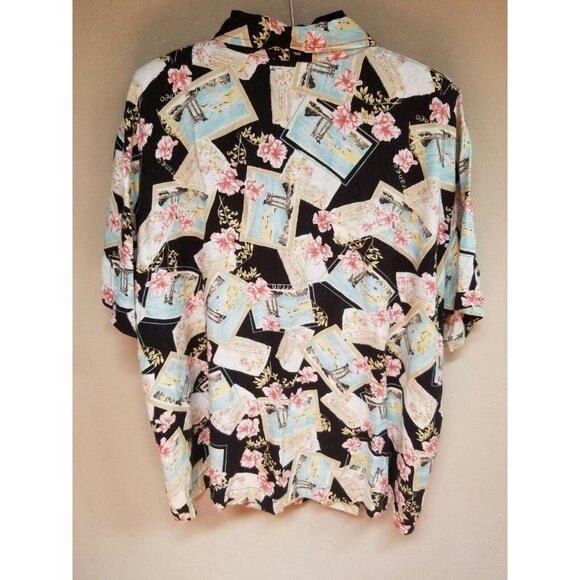 Bahama Beach Women Button Down Hawaiian Shirt Top Size 1X Postcards Floral Multi - Picture 2 of 5